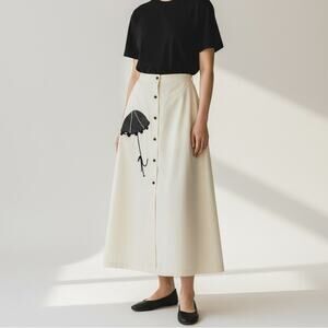 Vintage 70s Handmade Umbrella Appliqué Maxi Skirt Button Front Cream XS/S